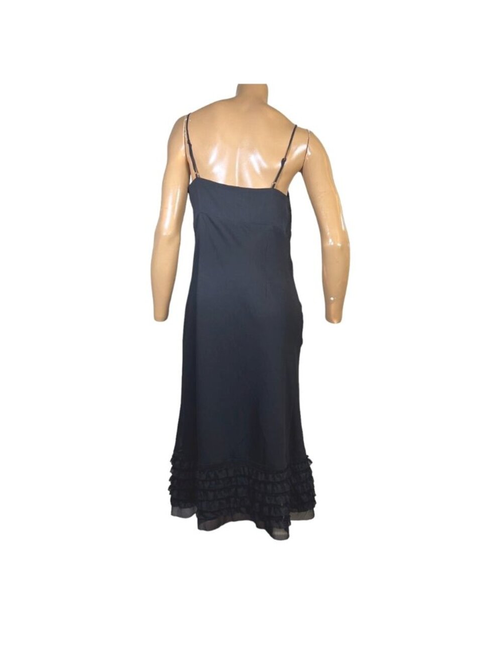 Loft Womens Shift Dress Black Sz 4 Little Midi V Neck Sleeveless Ruffle Crepe LB - Picture 2 of 6